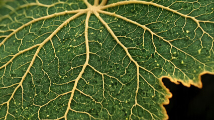 Obraz premium Close-up of a Green Leaf, Yellow Veins, and Water Droplets, showing intricate details of nature's design, perfect for botanical studies