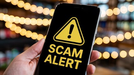 Smartphone displaying a prominent yellow warning triangle and the words scam alert highlighting digital fraud and online danger