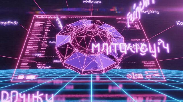 Neon, futuristic graphic showing a data visualization with text elements and a wireframe orb