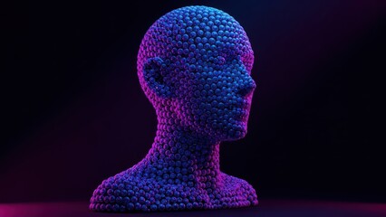 Digital sculpture of a human bust from spheres, bathed in glowing blue and pink light