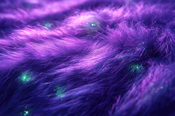 Fototapeta premium A mesmerizing close-up of undulating purple fur or fibers, illuminated by scattered, glowing green bioluminescent particles, creating an ethereal and mysterious texture.