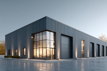Fototapeta premium Modern industrial warehouse building illuminated against a twilight sky