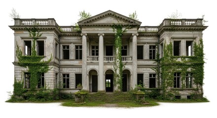 Obraz premium Dilapidated grand manor with overgrown ivy, broken windows, and classical columns