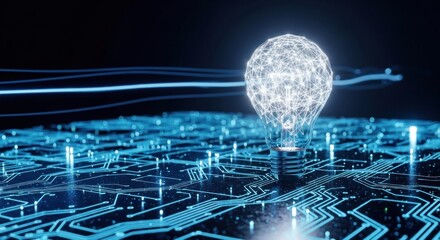 Digital light bulb over glowing circuit board, representing innovation and technology