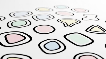 Diverse pastel-filled abstract shapes with black outlines arranged on a white plane