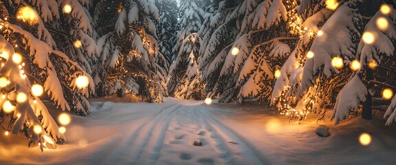 Magical winter forest path illuminated by warm glowing fairy lights creating a festive and enchanting snowy wonderland scene