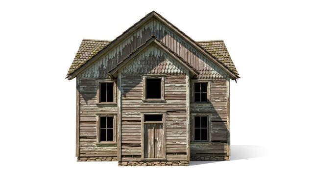 Dilapidated, two-story wooden house with peeling paint and worn roof on white background - Powered by Adobe