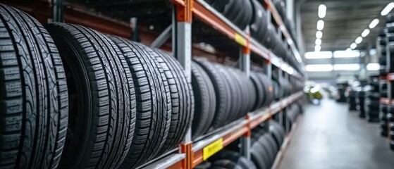 Tires stacked on shelves in a warehouse