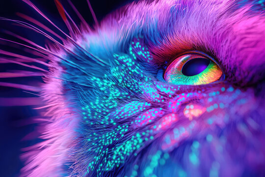 Close-up of a fantastical, iridescent eye surrounded by glowing neon fur in electric pink, blue, purple, and green hues. - Powered by Adobe