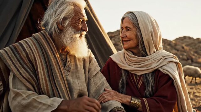 Abraham and Sarah, Elderly Couple in Biblical Times - This video portrays an elderly couple, Abraham and Sarah, in biblical attire, sharing a loving gaze beside their tent.