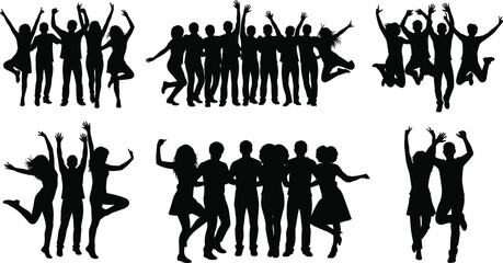 Celebration and jumping silhouette illustration set, group joy and excitement poses, unity and energy concept vector, black and white graphic