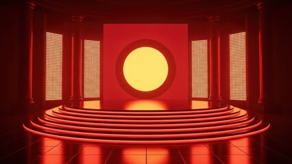 Dramatic red illuminated chamber, central glowing cube with yellow portal on tiered stage