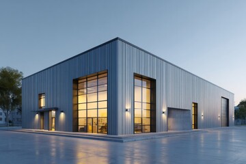 Fototapeta premium Modern industrial building featuring corrugated metal siding and large illuminated windows at twilight