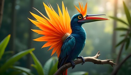 Fototapeta premium Brightly colored bird perched on a branch in a tropical forest surrounded by lush foliage and warm natural light creating a vivid lively atmosphere with detailed plumage and rich greenery