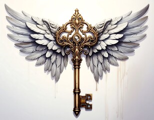 Intricate golden key adorned with majestic wings against a minimalist backdrop