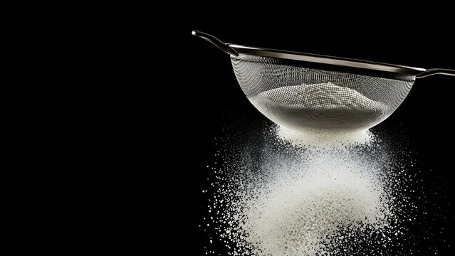 A close up shot of fine white powder being sifted through a metal sieve against a dark background creating a cloud of dust - Powered by Adobe