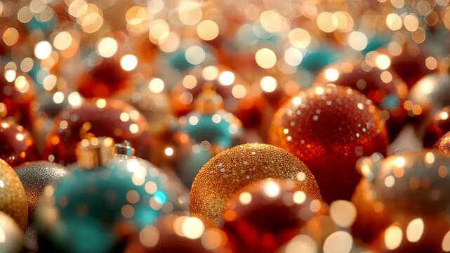 Glittering Christmas ornaments in rich warm colors with sparkling bokeh light creating a festive holiday scene filled with vibrant decorative elements