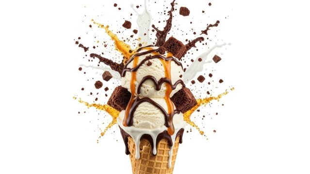 Dynamic vanilla ice cream cone with fudge, caramel, flying brownies, and vibrant splashes