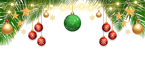 Festive composition with fir tree branches isolated, Christmas decorations with green leaves, gold stars, red and gold ornaments and string lights on transparent background