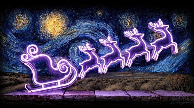 Glowing neon sleigh and reindeer against starry night sky illustration - Powered by Adobe