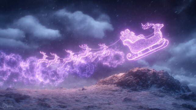 Glowing santa claus sleigh flying across a cloudy night sky - Powered by Adobe