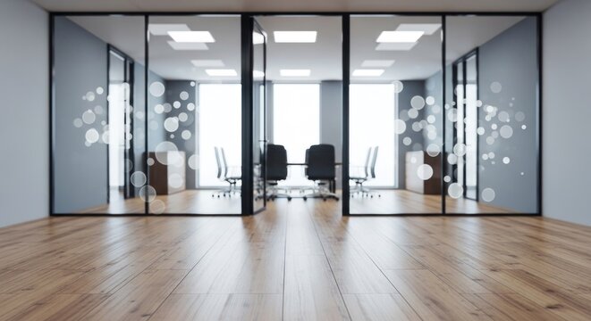 Empty modern office interior with wooden floor, glass walls, and central meeting room - Powered by Adobe