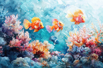 Obraz premium A vibrant watercolor painting depicting orange and a solitary blue fish swimming among a colorful, intricate coral reef in clear blue waters.