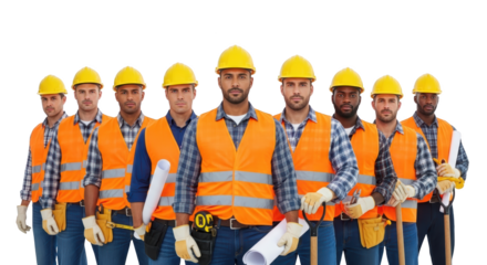 Diverse group of construction workers in safety gear concept illustrating men, male, group created for business,