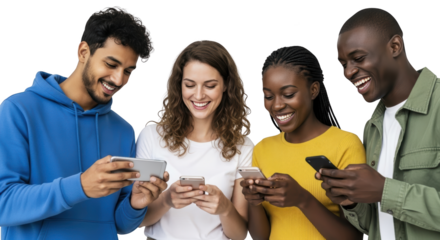Modern visualization of diverse group of friends using smartphones demonstrating smartphones, mobile phones, technology in realistic