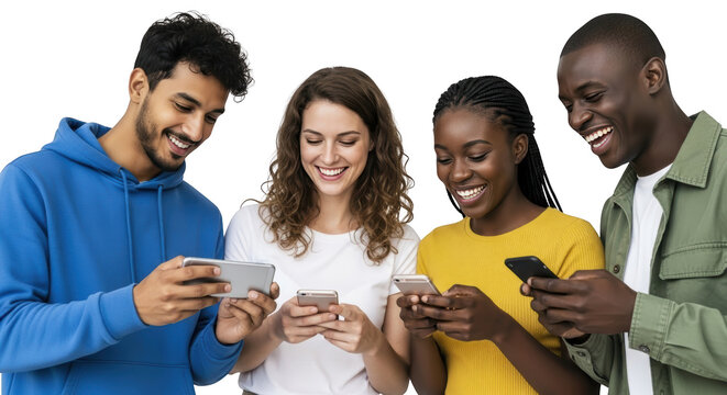 Modern visualization of diverse group of friends using smartphones demonstrating smartphones, mobile phones, technology in realistic