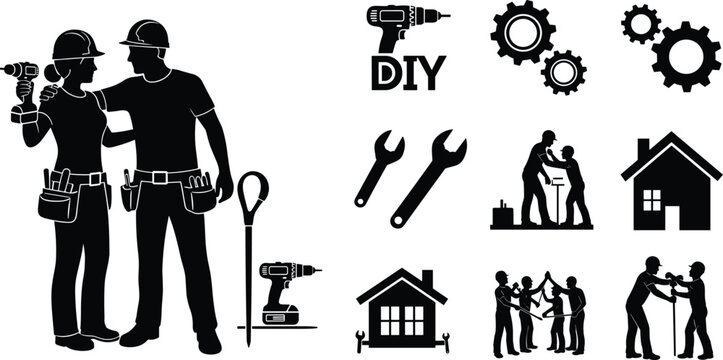 DIY teamwork and home improvement icon set, construction tools and helper silhouettes, collaboration and repair concept vector, black and white graphic