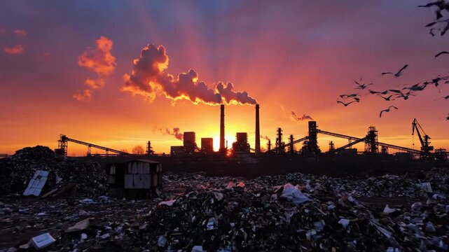 Polluted Landfill Sunset - A beautiful sunset glows behind a polluted landfill and silhouetted industrial complex. Birds are seen flying in the sky above the industrial landscape.