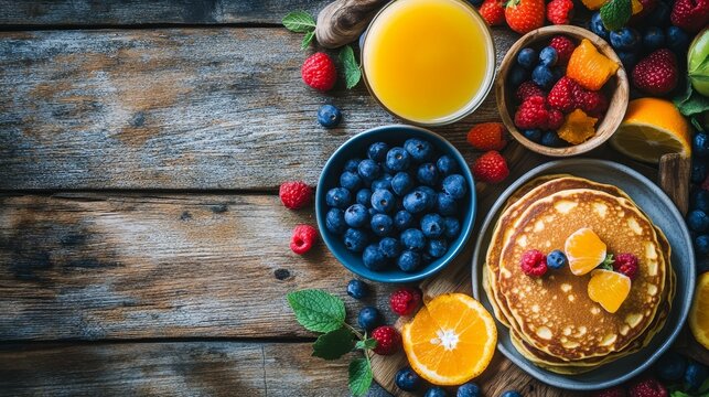 Homemade pancakes with fresh berries, orange juice, and maple syrup on rustic wooden table, perfect for healthy breakfast concept