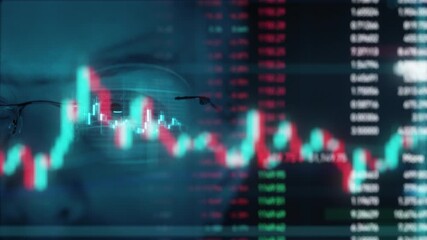 Trader wearing glasses is working on laptop computer. Screen with stock market charts and Bitcoin BTC or Ethereum ETH data analysis reflection. Broker trading online. Altcoins crypto currency trading - Powered by Adobe