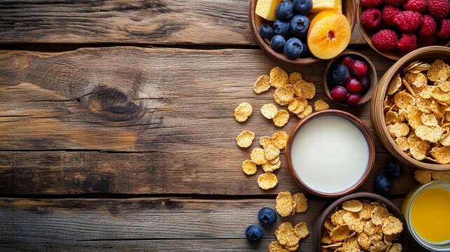 Nutritious breakfast spread with cornflakes, milk, and assorted fresh fruits on wooden table, showcasing balanced diet and healthy eating habits - Powered by Adobe