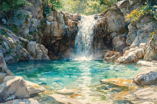 A beautiful watercolor painting showcasing a majestic waterfall plunging into a serene, turquoise natural pool, embraced by sunlit rocky cliffs and vibrant green foliage. Tranquil nature art.