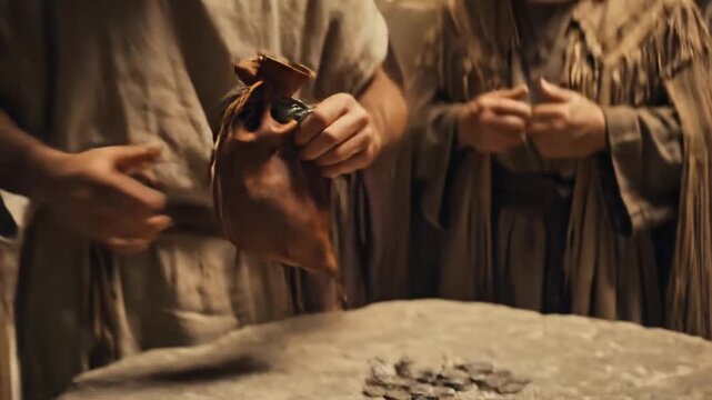 Ancient Money Exchange - An open leather pouch filled with silver coins sits on a stone table, with hands reaching into it, possibly during a transaction or exchange.