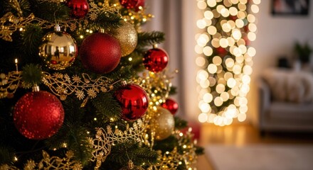 Festive Christmas tree decorated with shimmering red and gold baubles and warm lights