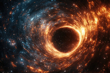 A mesmerizing cosmic vortex, glowing orange and blue, with a dark central void amidst a starry, swirling universe.