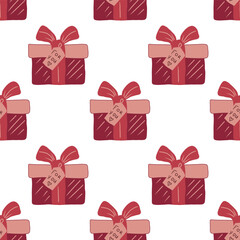 Vector seamless pattern of cute Christmas gift boxies. Winter holiday design, Christmas decoration, perfect for greeting cards, wrapping and prints.