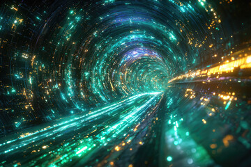 A mesmerizing digital tunnel, pulsing with glowing teal and golden data points, illustrating rapid information flow through a futuristic, high-tech network or cyberspace.