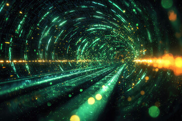 A mesmerizing digital tunnel with glowing green and golden data streams, symbolizing rapid technological advancement and seamless connectivity within a futuristic cyberspace network.