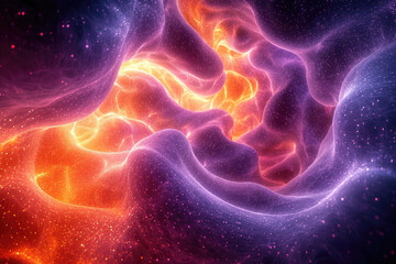 Vibrant abstract image of glowing, fluid forms. Purples, oranges, reds, blues swirl with shimmering particles, evoking energetic cosmic or microscopic wonder.