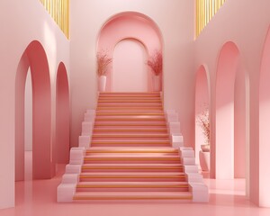 Dreamlike interior with stairs leading to nowhere and pink pastel lighting