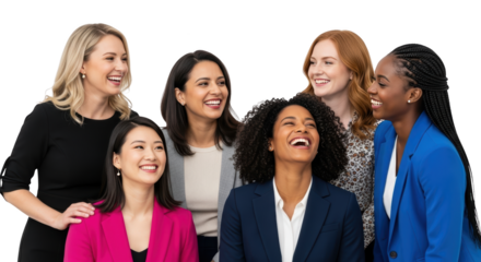 Diverse group of smiling businesswomen showing detailed concept of women, business, businesswoman with professional style and
