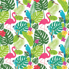 Seamless Tropical Flamingo, Parrot, and Hibiscus Pattern Vector