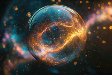 Fototapeta premium A mesmerizing cosmic sphere glows with intricate golden energy networks and sparkling dust, encased in a transparent shell, set against a vibrant, bokeh-filled space background.