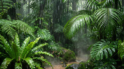 Lush Tropical Rainforest with Dense Green Foliage and Gentle Rain