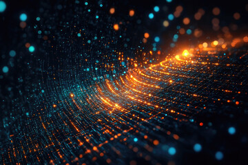 This abstract digital background showcases vibrant orange and blue glowing particles flowing dynamically across a dark space, representing data and technological connectivity.