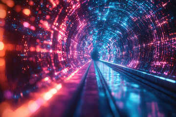 Futuristic tunnel with glowing red and blue digital light patterns and a reflective track, representing a high-speed journey through a data network.
